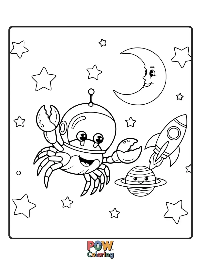 Free coloring page of A brave crab wearing a tiny astronaut helmet, floating in outer space with stars around.