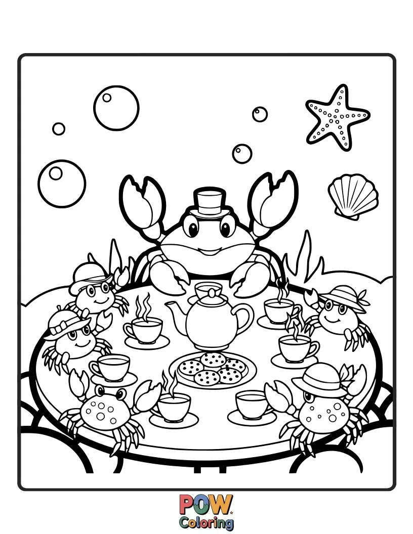 Free coloring page of A polite crab hosting a charming tea party with tiny teacups and saucers.