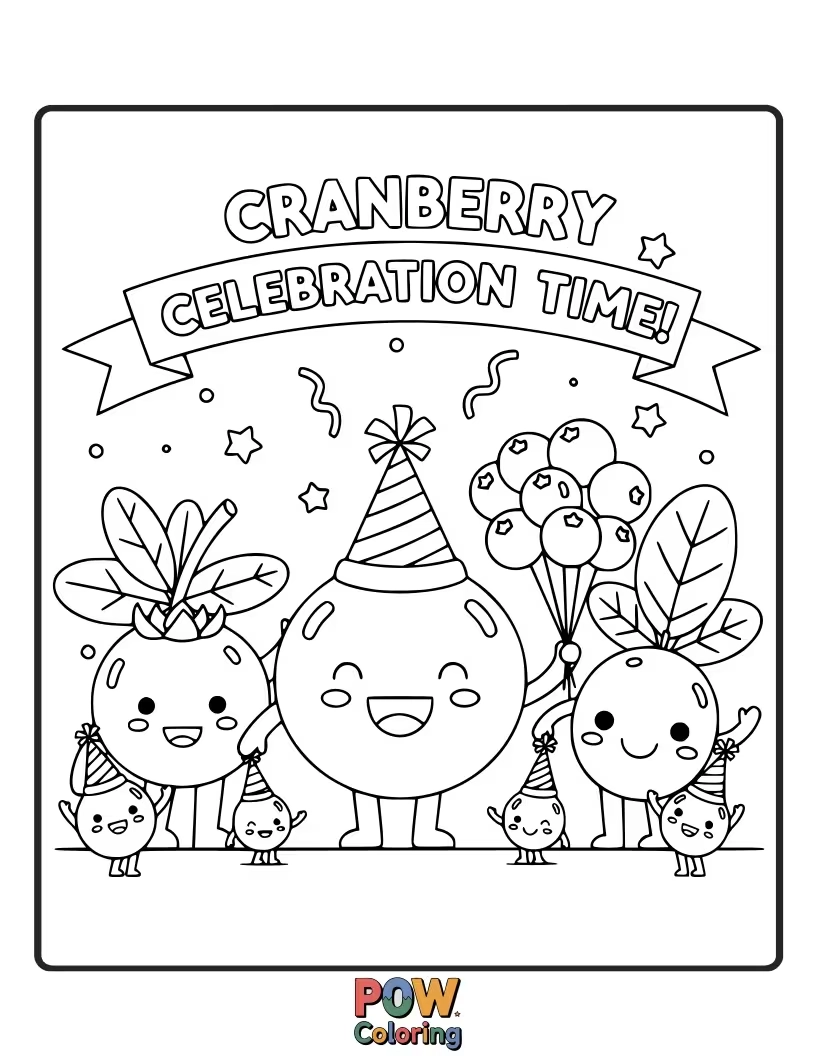 Free coloring page of A cluster of cheerful cranberries, some wearing tiny pilgrim hats, dance around a bowl. Bursting with festive joy!