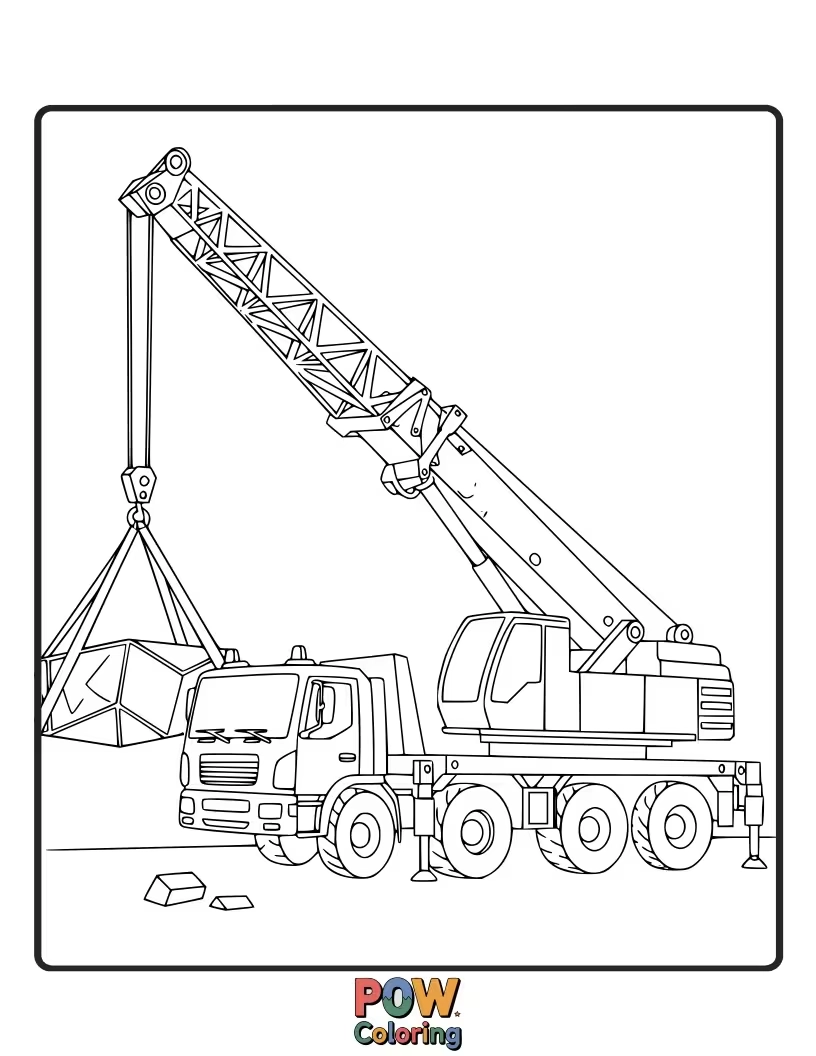 Free coloring page of A powerful crane truck with a tall arm, ready to lift. Color its intricate parts and powerful machinery.