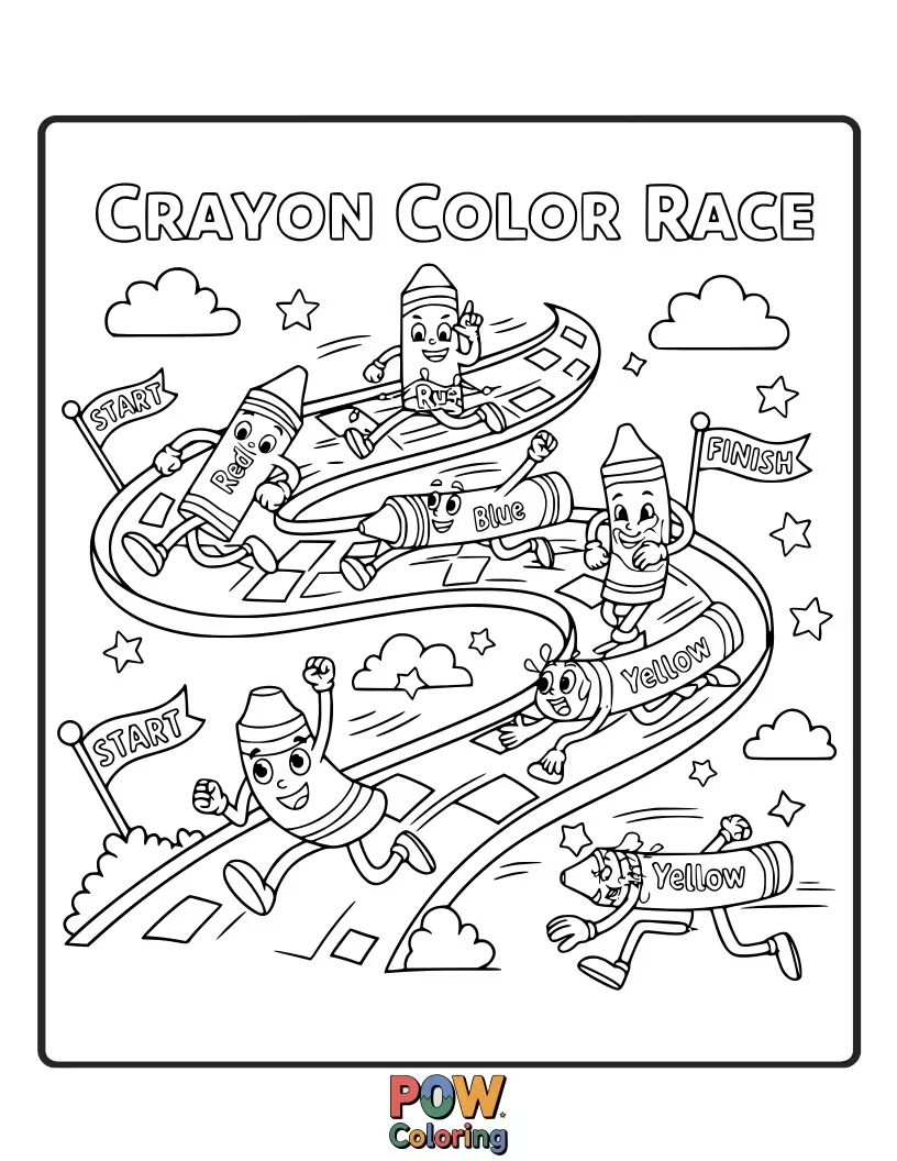 Free coloring page of Brightly colored crayons are zipping and zooming across a paper canvas in a vibrant art race.