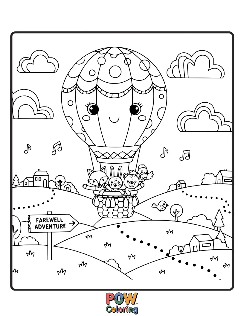 Free coloring page of A unique drawing of a whimsical hot air balloon carrying a small suitcase, floating away into a sky filled with soft clouds.