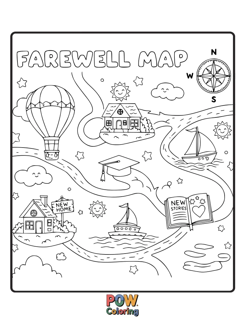 Free coloring page of A whimsical world map with little pins and arrows pointing to different destinations, showing a path of departure.