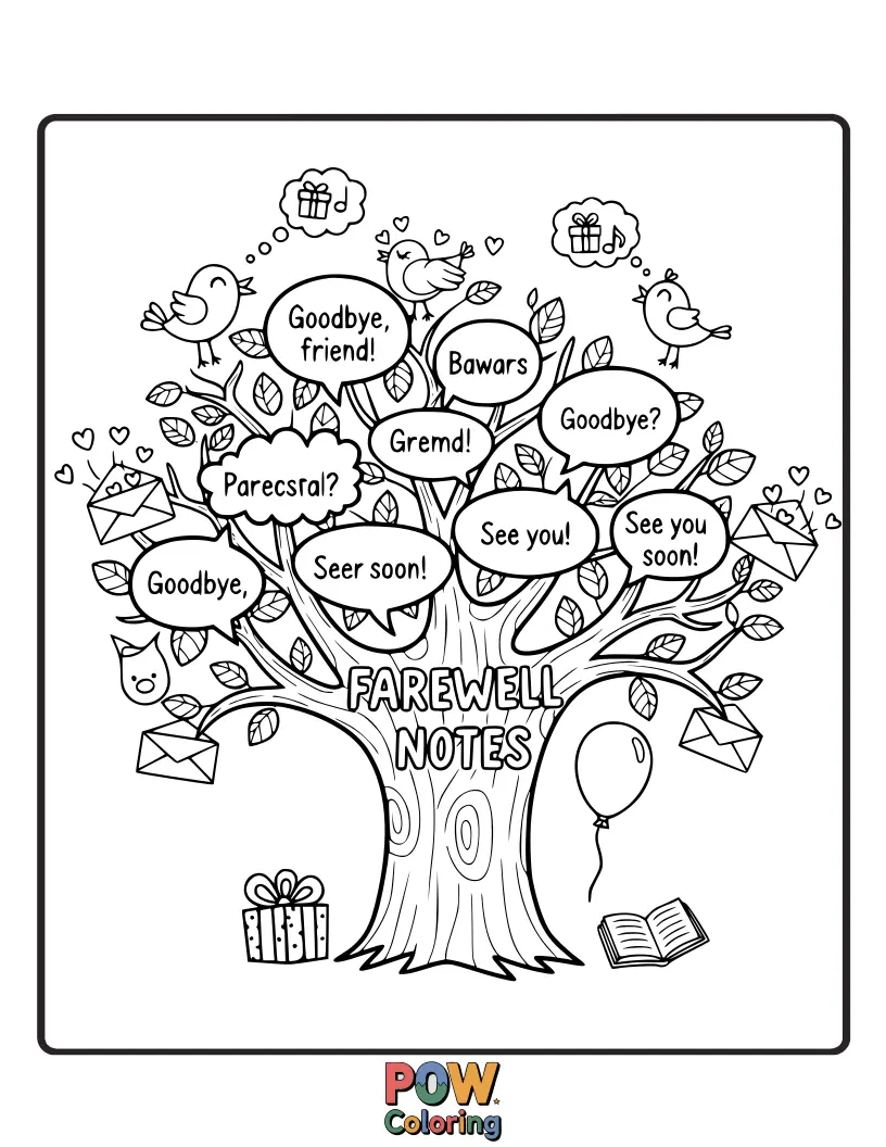 Free coloring page of Musical notes playfully dancing and waving goodbye from a sheet of music, perhaps forming a farewell melody.