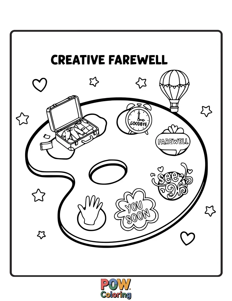 Free coloring page of An artist's palette with paintbrushes waving goodbye, surrounded by colorful splatters and a hint of a rainbow.