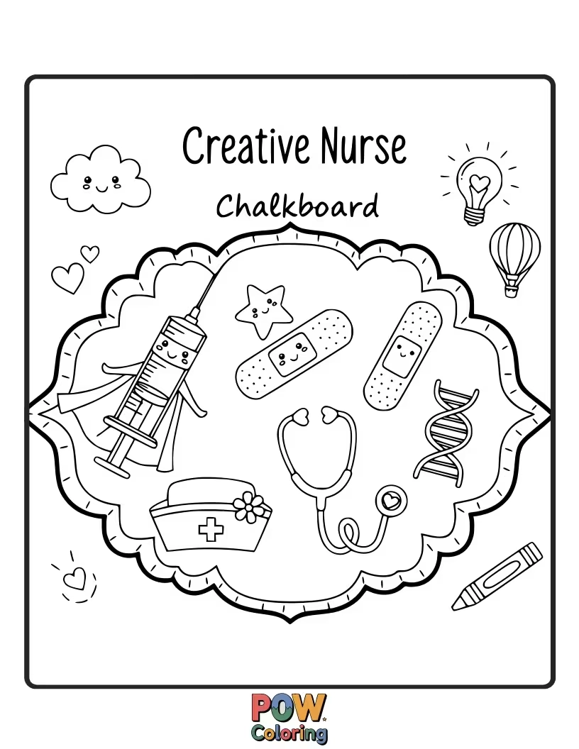 Free coloring page of A teacher-like nurse drawing helpful health tips on a chalkboard, educating her patients with enthusiasm.