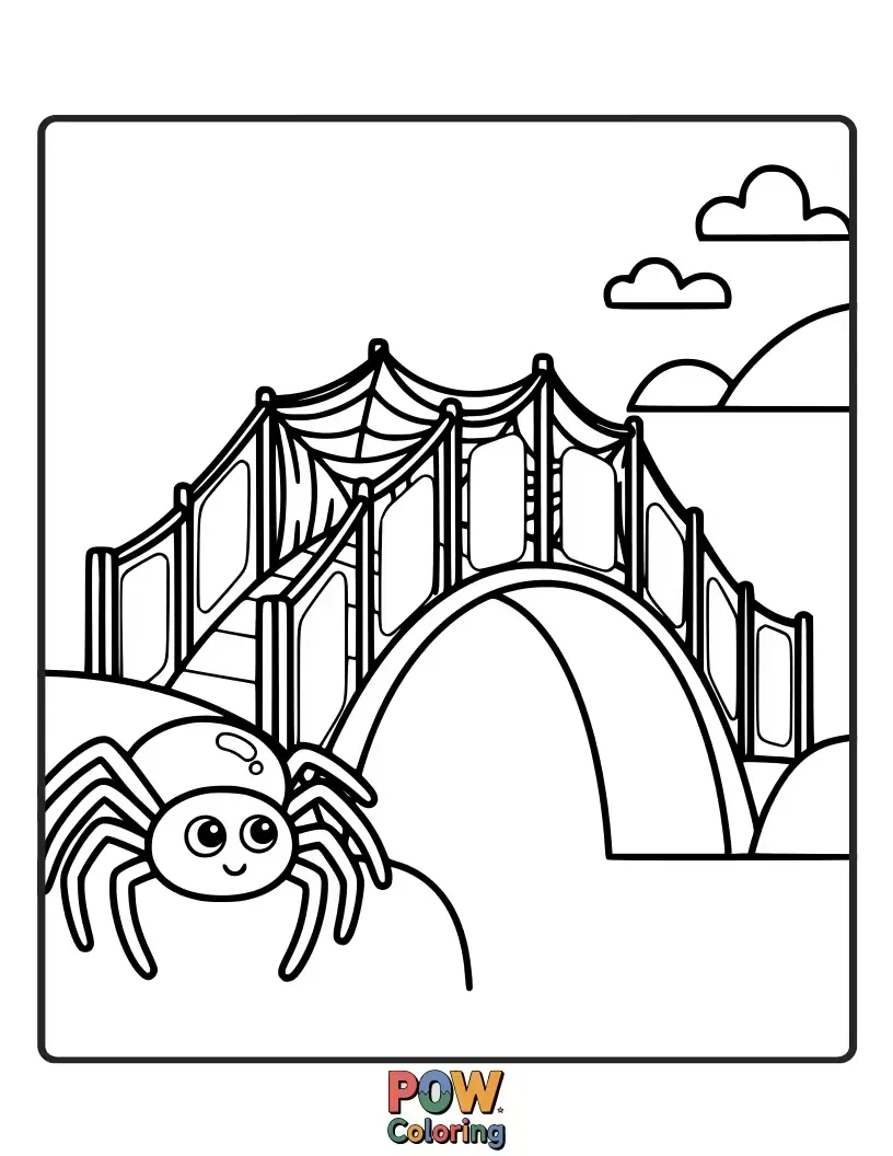 Free coloring page of A spider walking across a vibrant rainbow, connecting two magical lands. Encourages bold and fantasy-filled coloring.