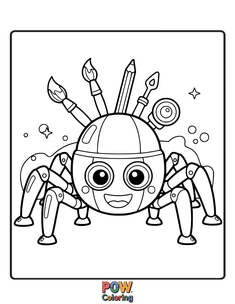 Free coloring page of A futuristic spider made of gears and circuits, with glowing eyes. Inspires imaginative and mechanical color schemes.