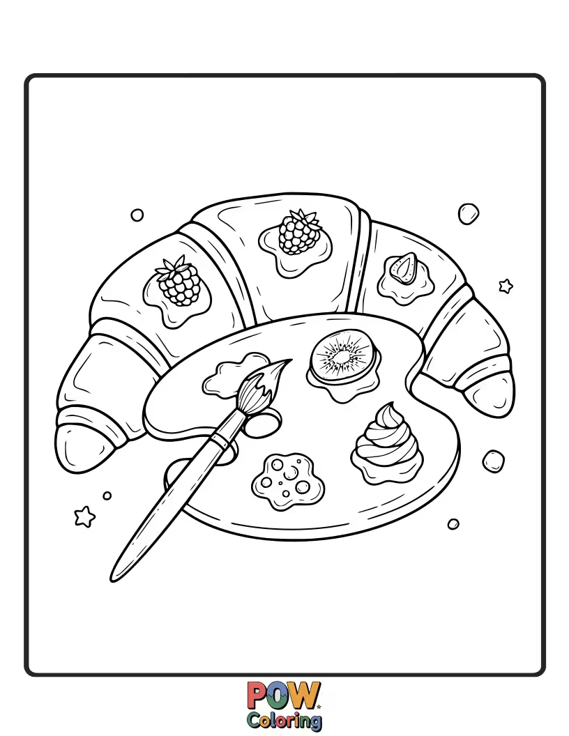 Free coloring page of Cute croissant with a miniature artist's palette and brush.