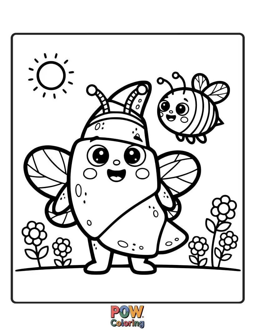 Free coloring page of Adorable croissant with a small, smiling bee nearby.