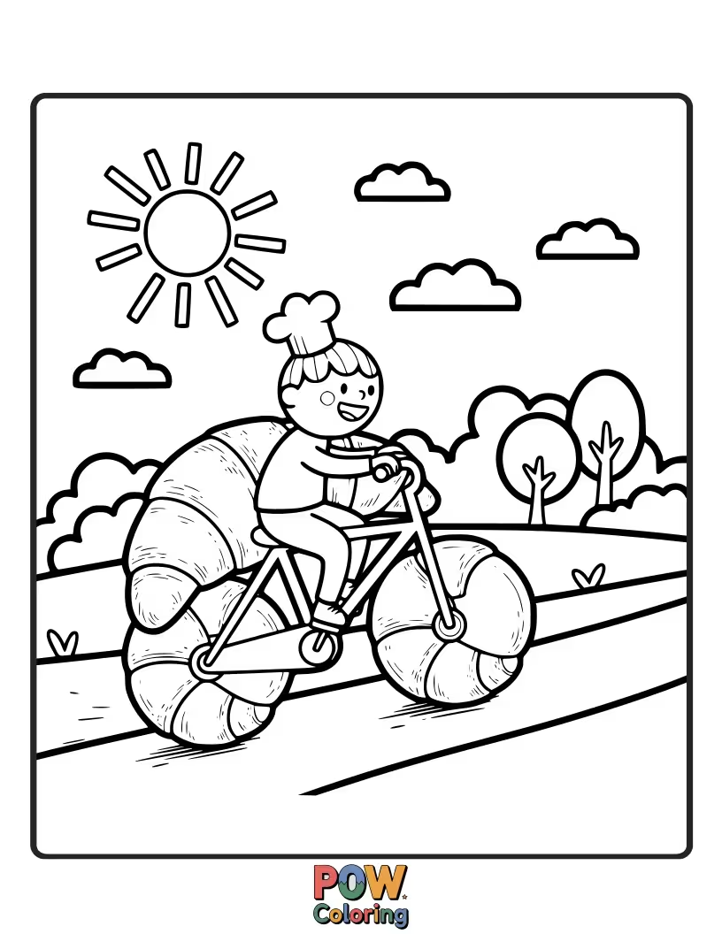 Free coloring page of Cute croissant riding a small bicycle, with a smile.