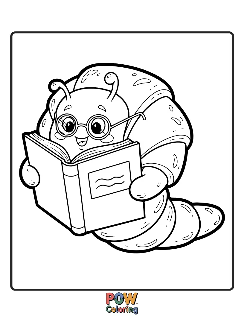 Free coloring page of Cute croissant holding and reading a small book.