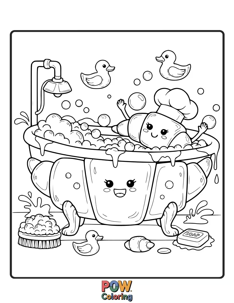 Free coloring page of Minimalist croissant soaking in a tub with simple bubbles.