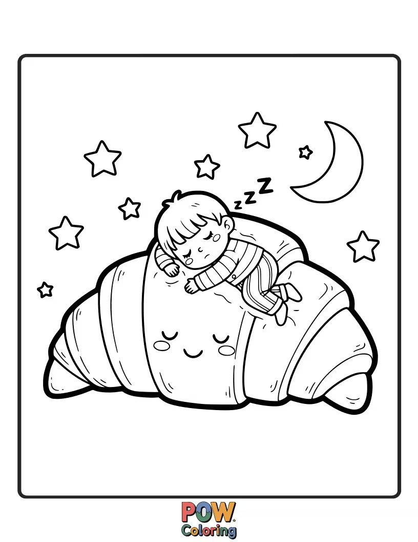 Free coloring page of Adorable croissant resting on a soft, stylized cloud.