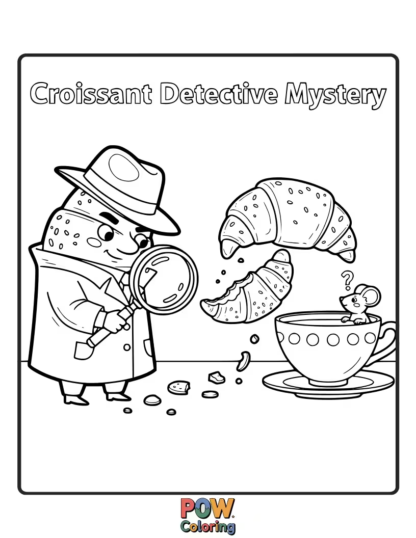 Free coloring page of Cute croissant wearing a detective hat and holding a magnifying glass.