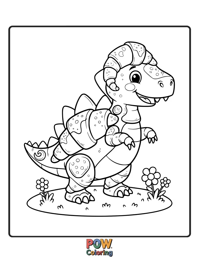 Free coloring page of Adorable croissant with small dinosaur spikes and a happy face.