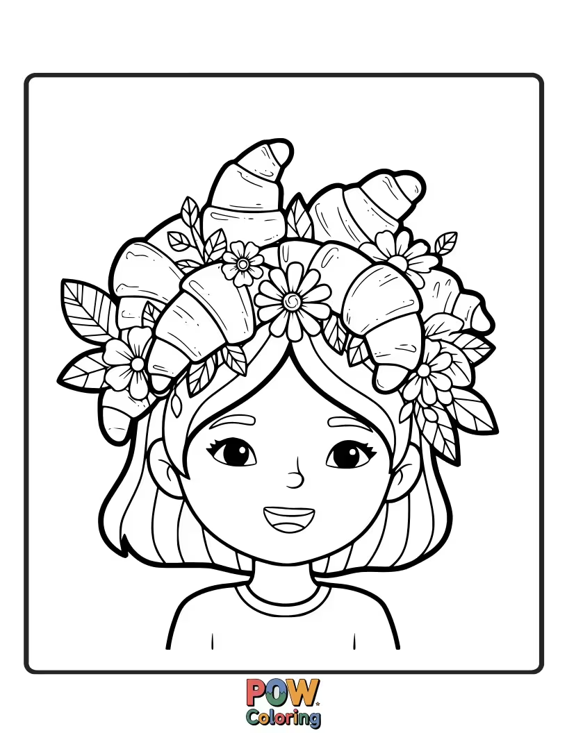 Free coloring page of Minimalist croissant wearing a simple flower crown, gentle expression.
