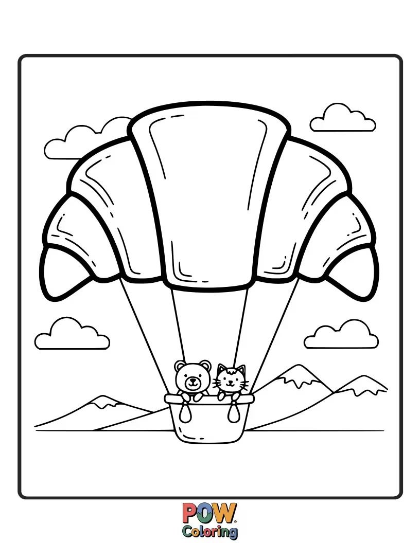 Free coloring page of Minimalist croissant in a small hot air balloon basket.