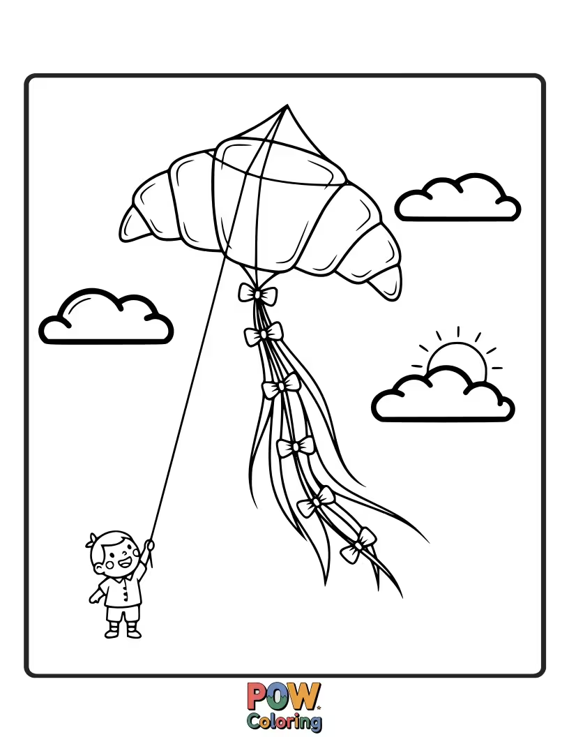 Free coloring page of Simple drawing of a croissant flying like a kite in the wind.