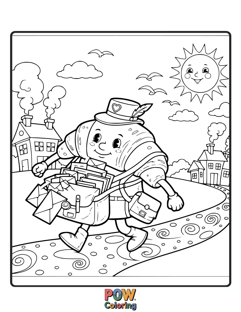 Free coloring page of Cute croissant in a mail carrier uniform, holding a miniature letter.