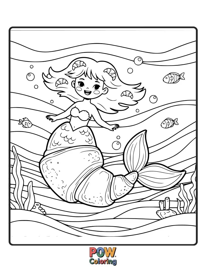 Free coloring page of Minimalist croissant with a glittery mermaid tail.