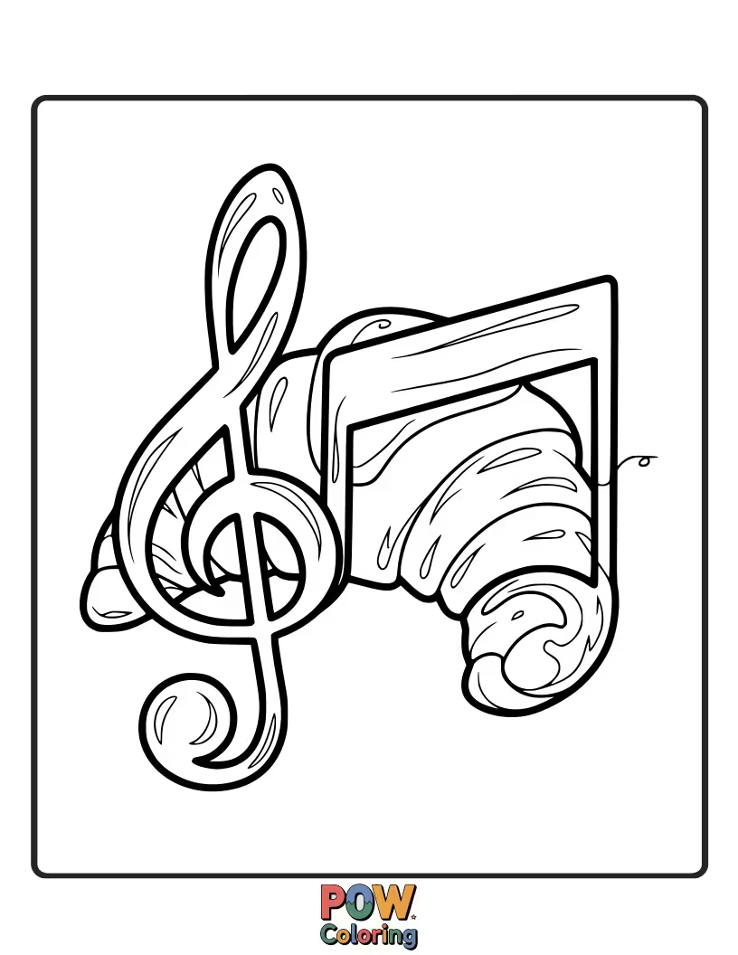 Free coloring page of Cute croissant in a playful pose next to a musical note.