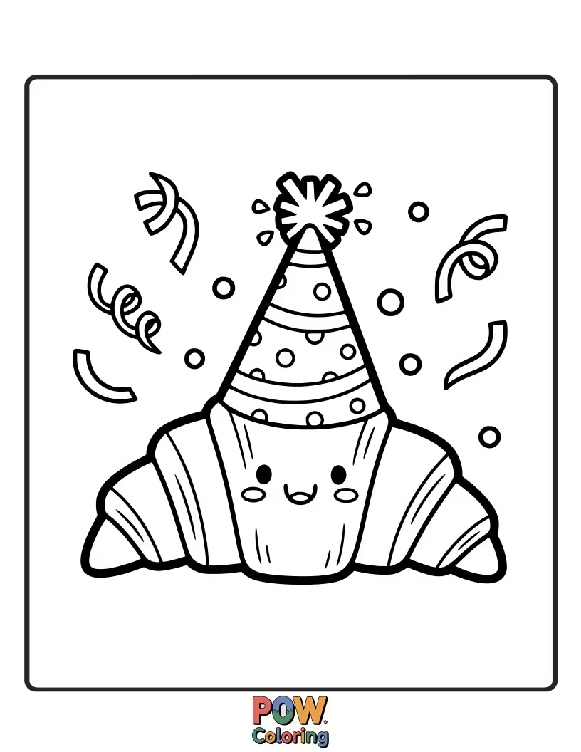 Free coloring page of Cute croissant wearing a small, colorful party hat, smiling.