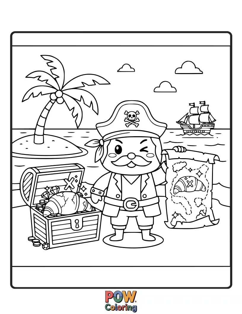 Free coloring page of Cute croissant wearing a pirate hat, holding a tiny spyglass.