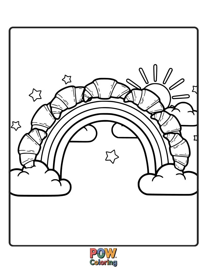 Free coloring page of Cute croissant forming an arc over a simple, bright rainbow.