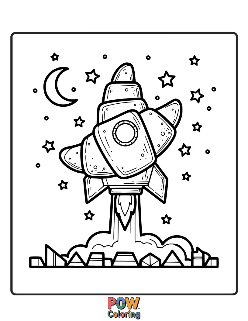 Free coloring page of Cute croissant shaped like a rocket blasting off, with simple flames.