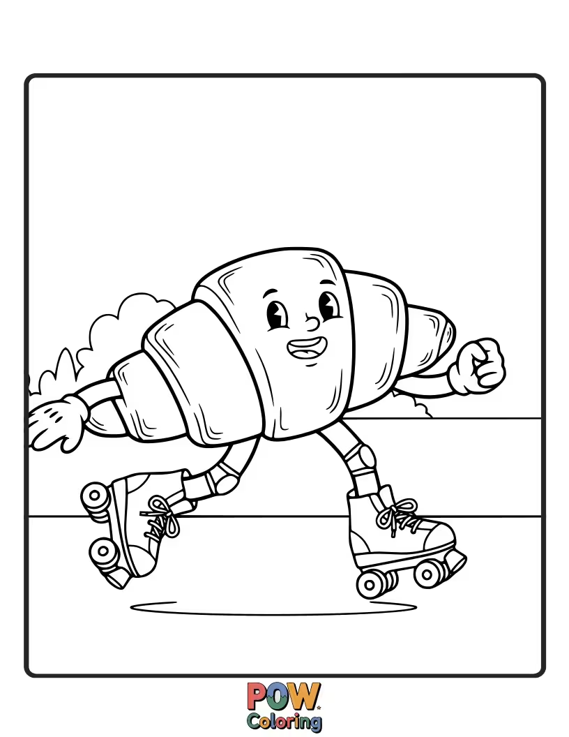 Free coloring page of Minimalist croissant on roller skates, mid-glide.