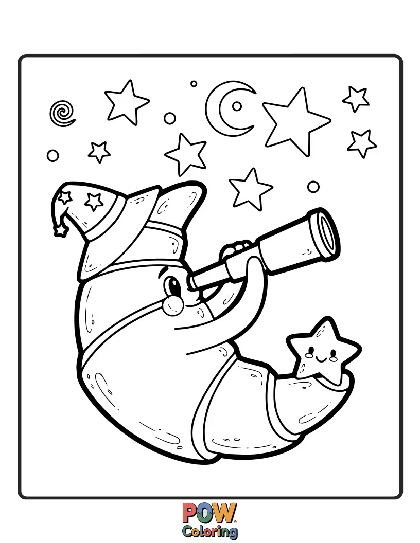 Free coloring page of Minimalist croissant looking up at simple stars and a crescent moon.