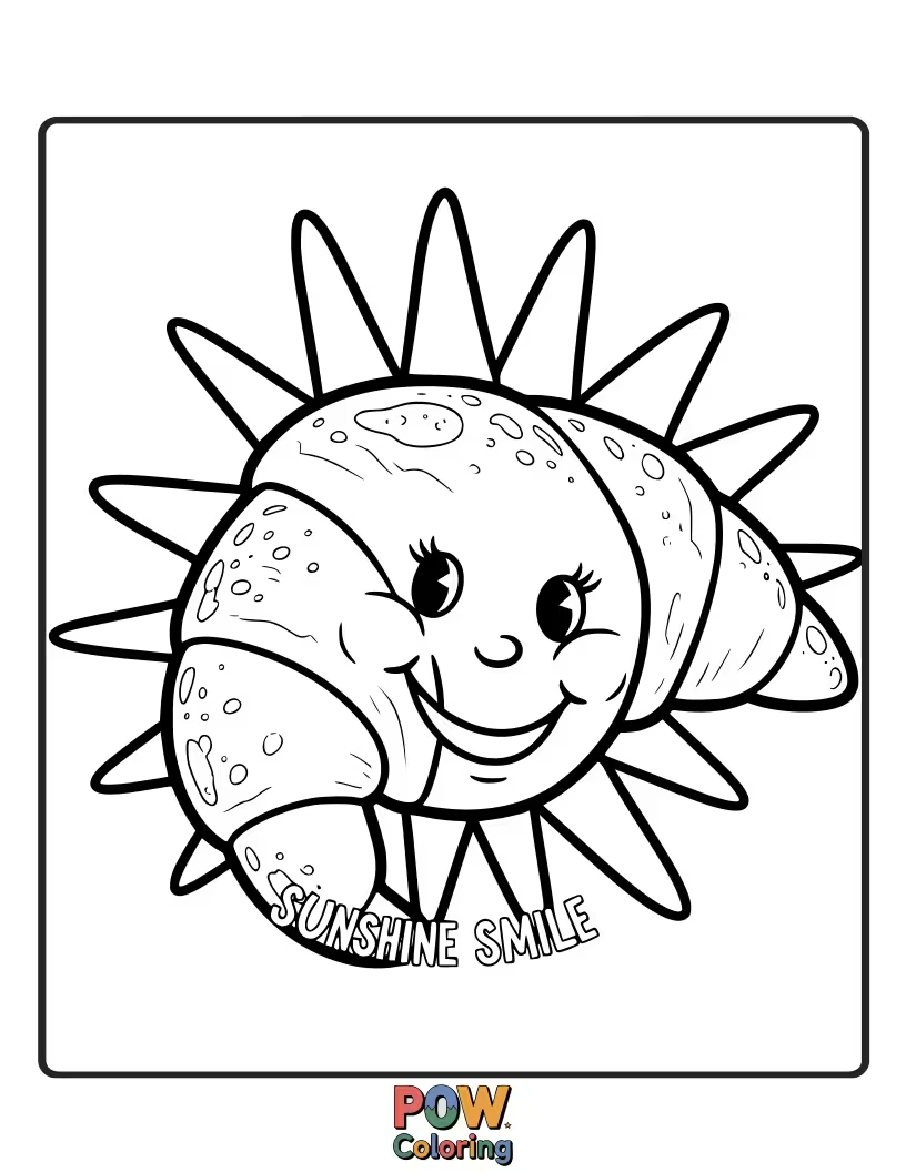Free coloring page of Smiling croissant with a simple, bright sun design.