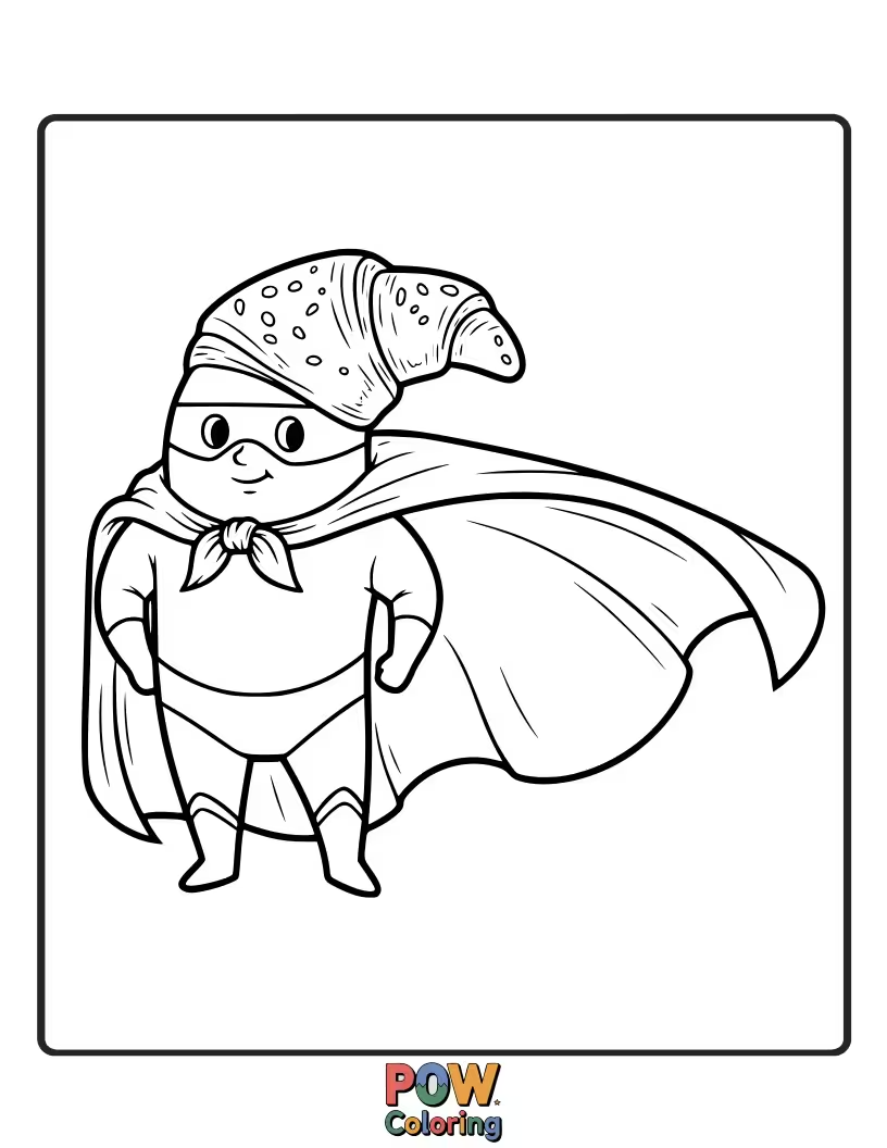 Free coloring page of Minimalist croissant wearing a superhero cape, ready for action.