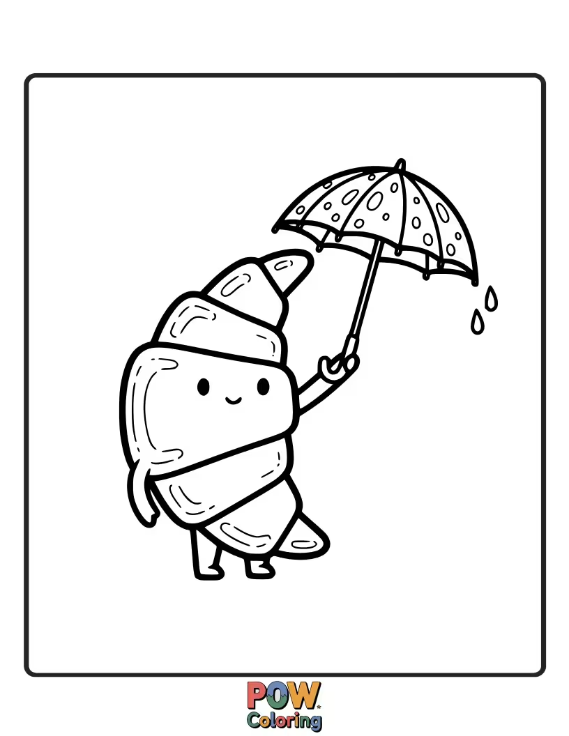 Free coloring page of Adorable croissant holding a small umbrella, with simple rain drops.