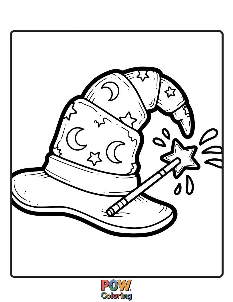 Free coloring page of Cute croissant wearing a simple wizard hat, with a sparkle.