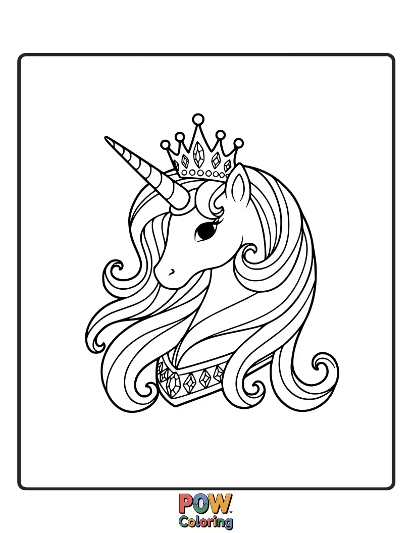 Free coloring page of Regal unicorn wearing an elaborate crown studded with precious jewels.