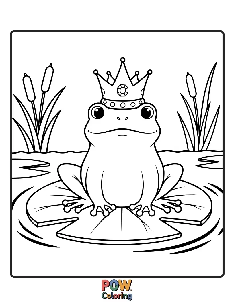 Free coloring page of A regal frog sits on a lily pad throne, sporting a sparkly crown. Imagine this royal amphibian in vibrant colors!