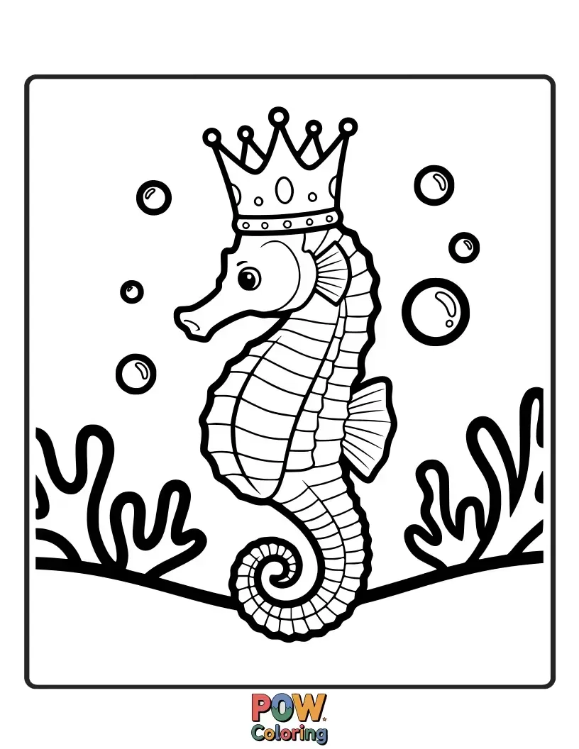 Free coloring page of A majestic seahorse wearing an ornate crown, sitting regally on a coral throne, exuding regal charm.
