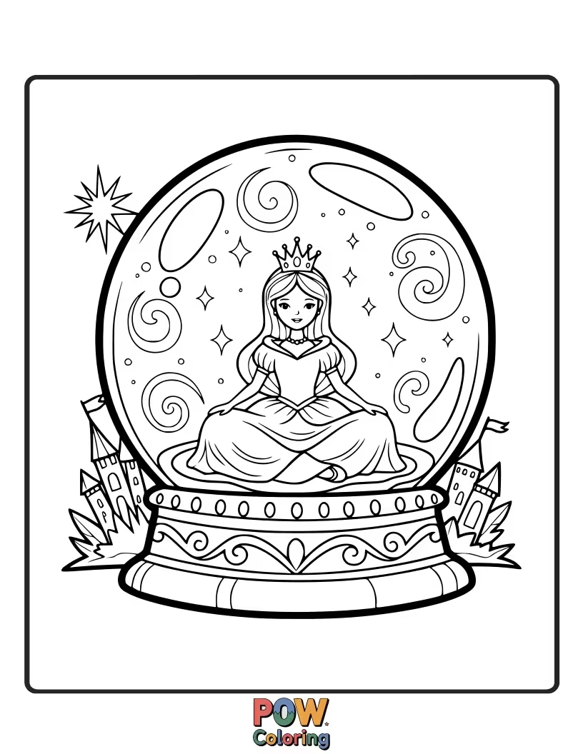 Free coloring page of A mysterious princess gazing into a crystal ball, foreseeing magical adventures.