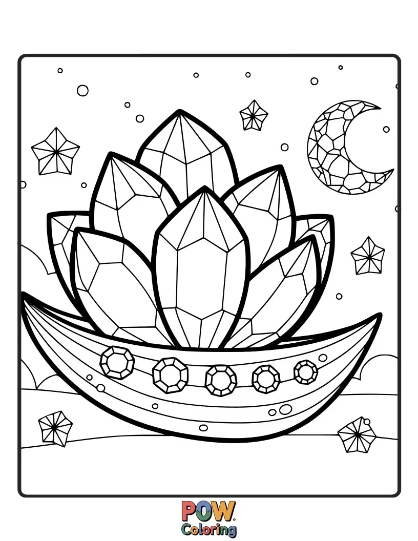 Free coloring page of A breathtaking ship crafted from delicate crystal flowers, reflecting shimmering light as it sails through a starry night.