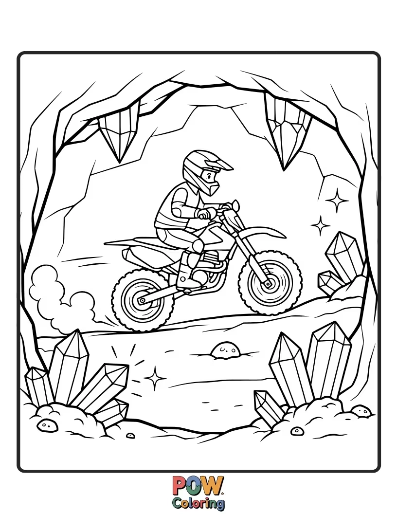 Free coloring page of A dirt bike exploring a dazzling cave filled with glowing crystals and underground rivers.