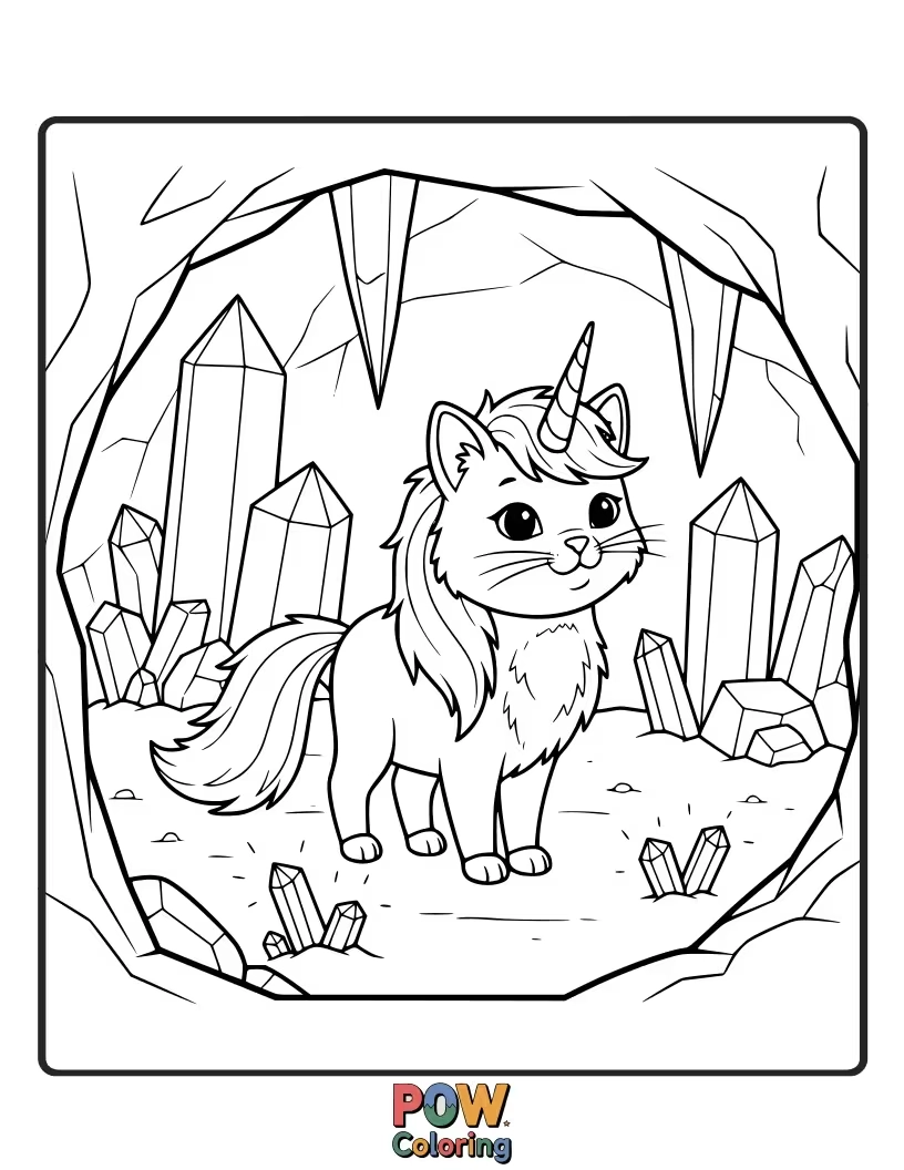 Free coloring page of A serene unicorn cat resting within a sparkling crystal cave, its horn glowing softly, illuminating the gem-encrusted walls.