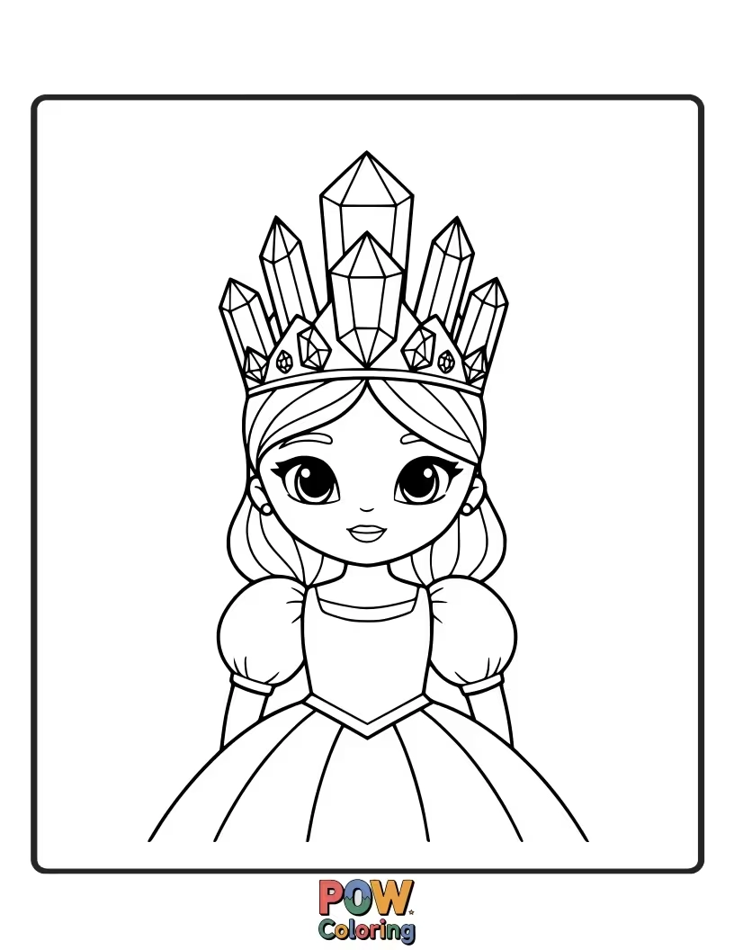 Free coloring page of A radiant princess wearing a delicate crown made of sparkling crystals.