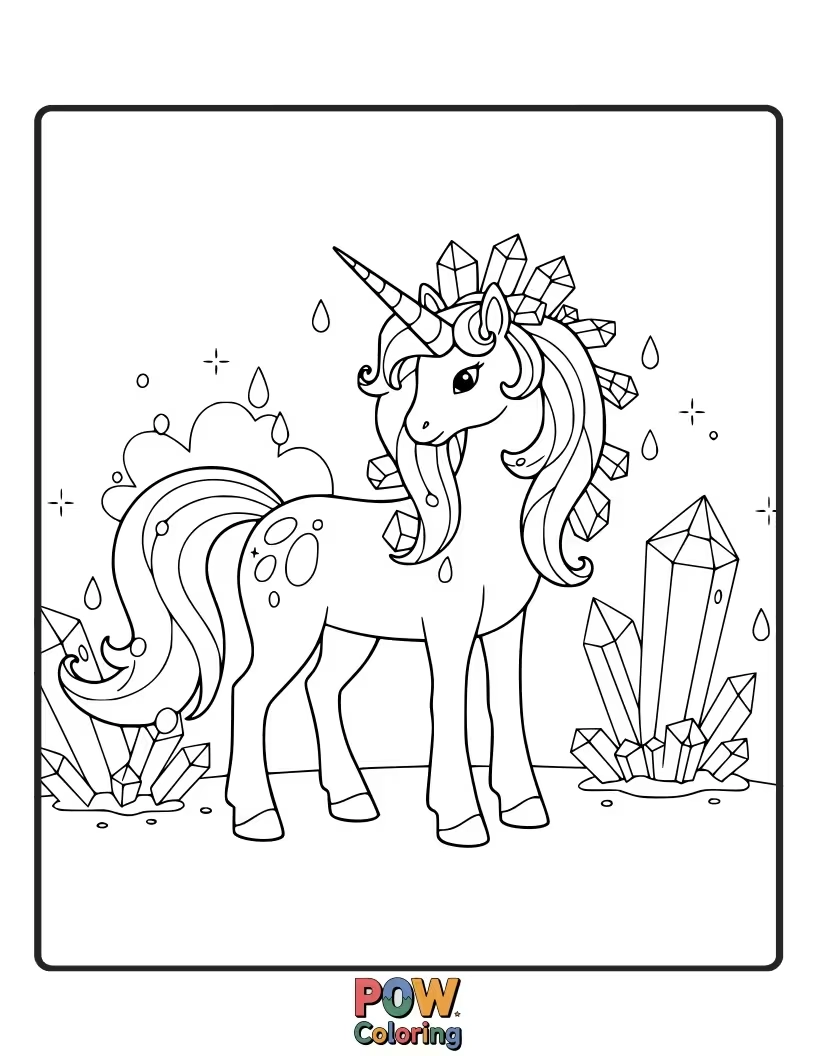 Free coloring page of Unicorn adorned with glistening dewdrops that sparkle like tiny crystals.