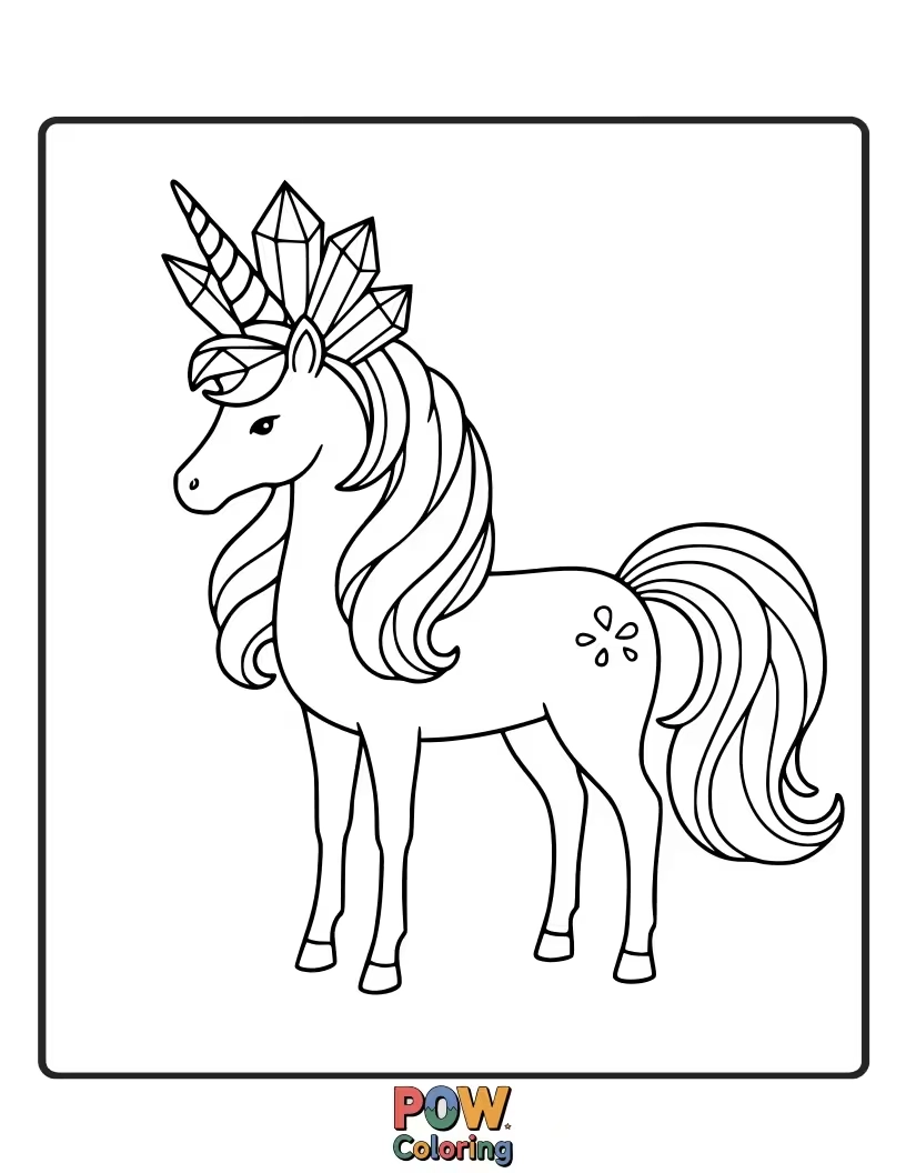 Free coloring page of Unicorn with flowers made of shimmering crystals blooming on its horn.