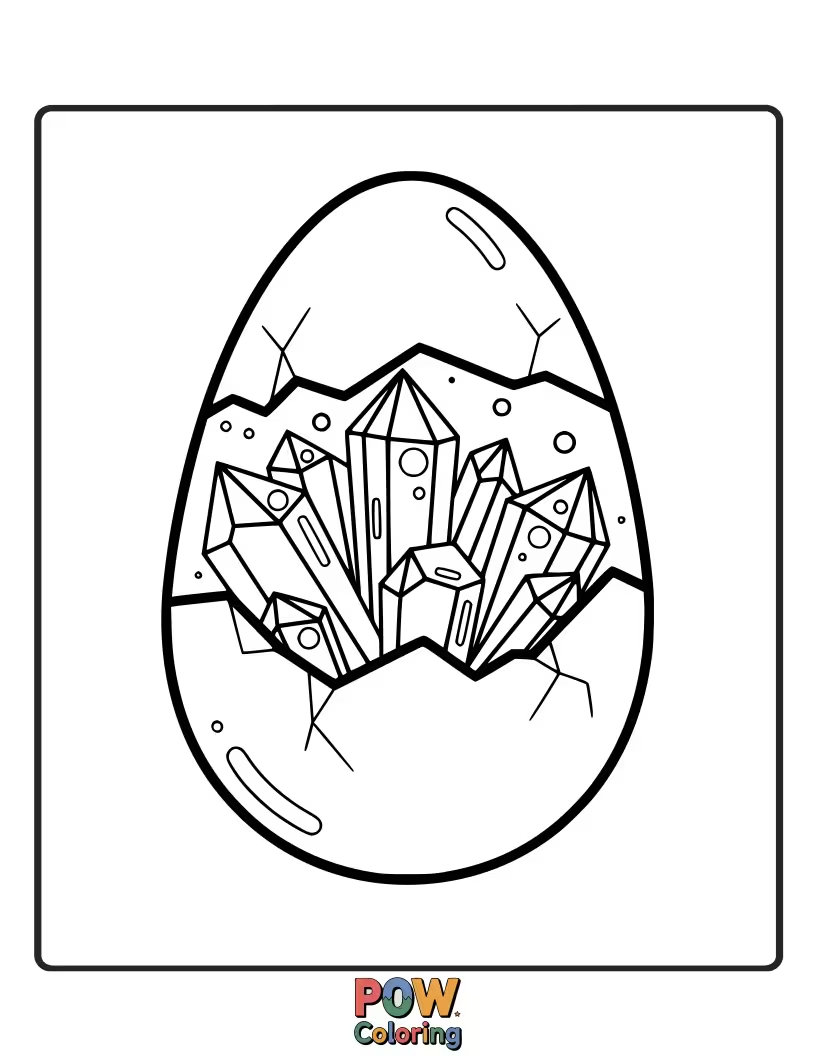 Free coloring page of An egg shell revealing a sparkling interior filled with geometric crystal formations, waiting for luminous colors.