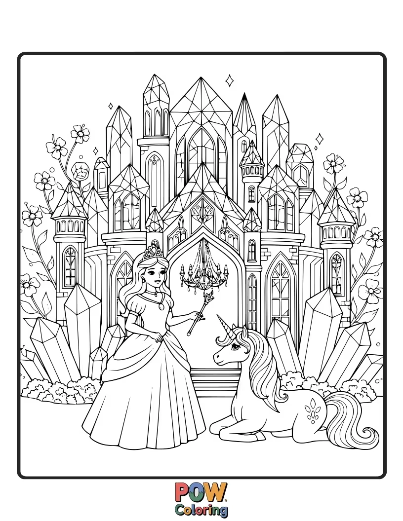 Free coloring page of A radiant princess standing in front of a dazzling crystal palace, reflecting sunlight.