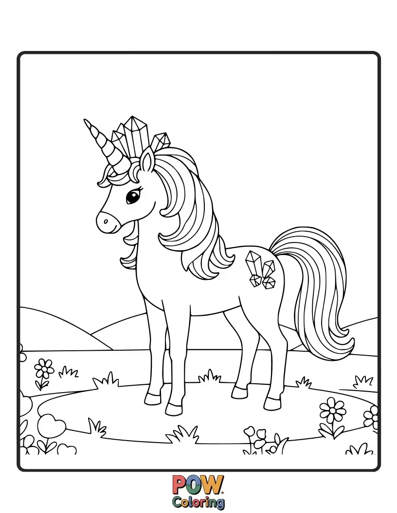 Free coloring page of Unicorn with a horn that refracts light into a crystal rainbow.