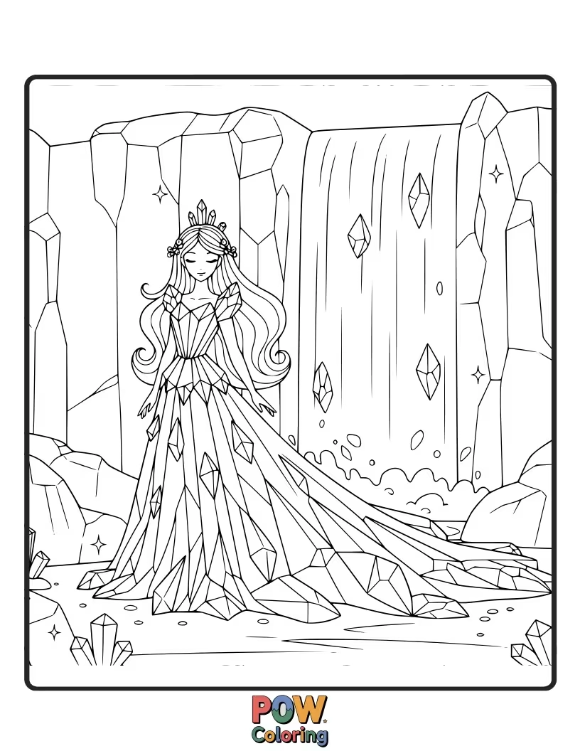 Free coloring page of A magical princess standing near a shimmering crystal waterfall, its waters sparkling.